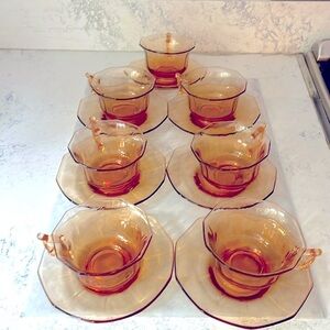 Cambridge Glass Co. 7 Decagon Vintage Cups & Saucers 14 Marked Pieces Pristine